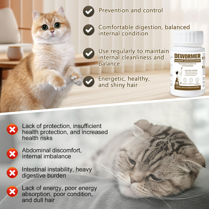 Broad-Spectrum Dewormer for Cats & Kittens, for Tapeworms, Hookworms & Roundworms, 50 Tablets