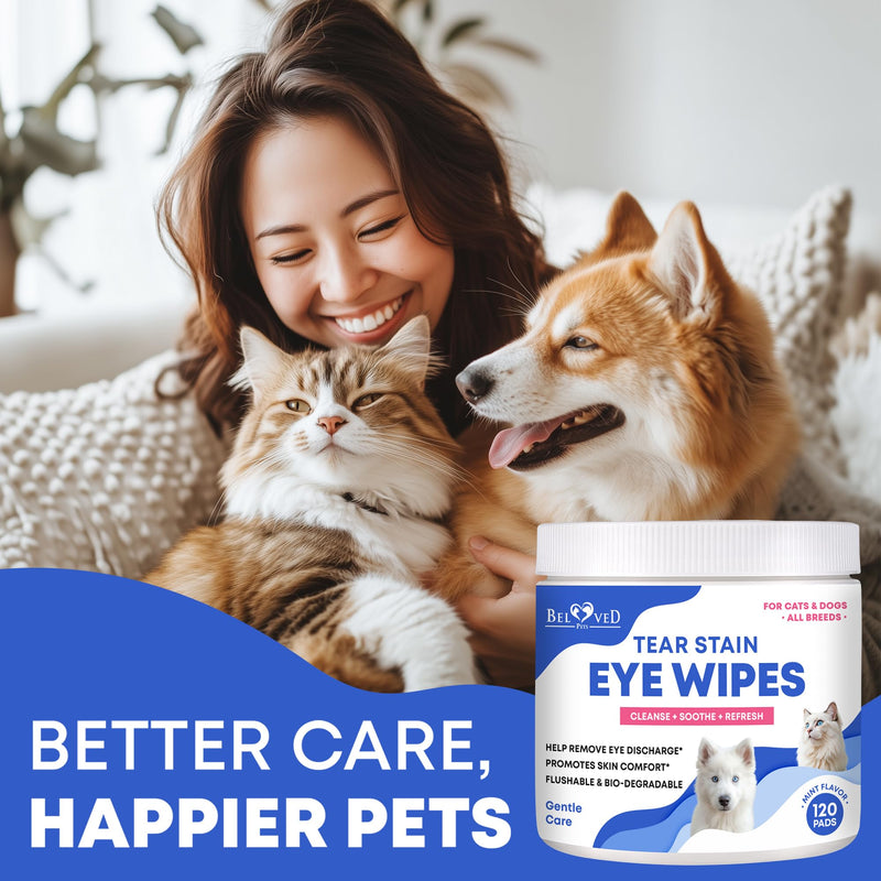 Beloved Pets Pet Eye Wash Drops & Wipes Help Prevent Allergies Symptoms, Infections, Runny, Dry Eyes, Tear Stains - Helps with Abrasions, Irritations - Dirt Crust & Discharge Remover (Eye Wipes) Eye Wipes