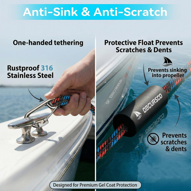 Obcursco Heavy Duty Boat Dock Lines (7ft & 14ft) - 1/2" Marine Mooring Rope with 316 Stainless Steel Clip - Accessories for PWC, Pontoon, Center Console, Jet Ski (Black/Red/Blue, 2 Pack) Black/Red/Blue - BeesActive Australia