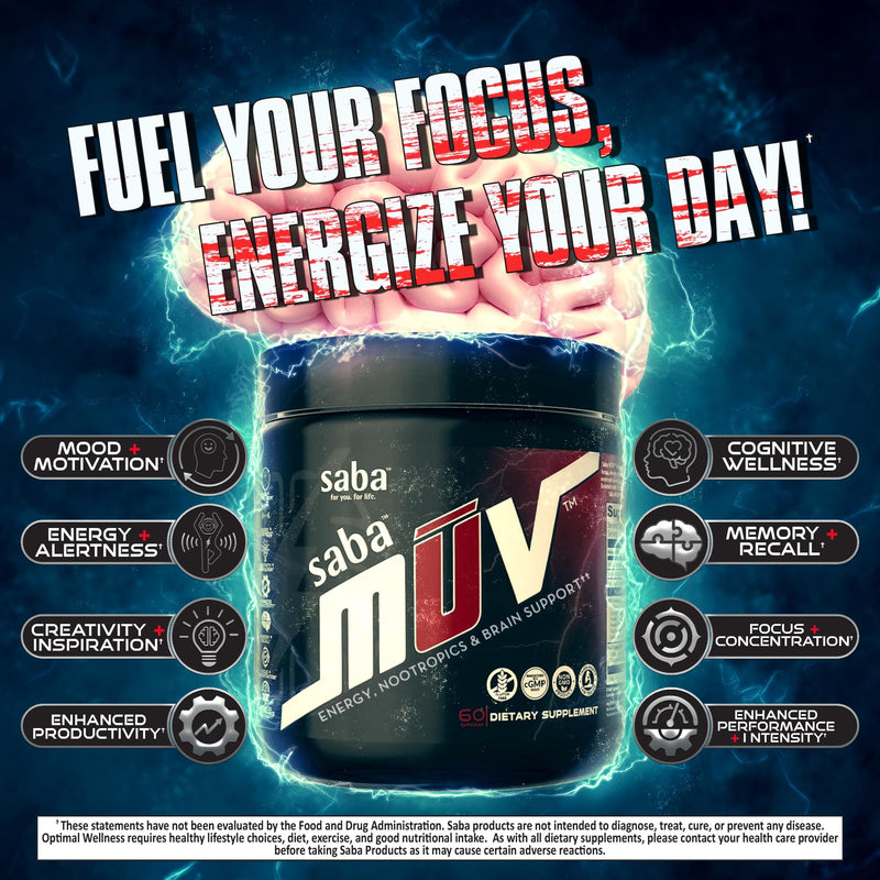 Saba MUV™ Nootropic Brain Supplement for Memory, Focus & Energy | Phosphatidylserine, VegiSurge®, Alpha GPC, Vitamins B6, B12 & Folic Acid | Mental Clarity & Brain Health Support | 60 Capsules