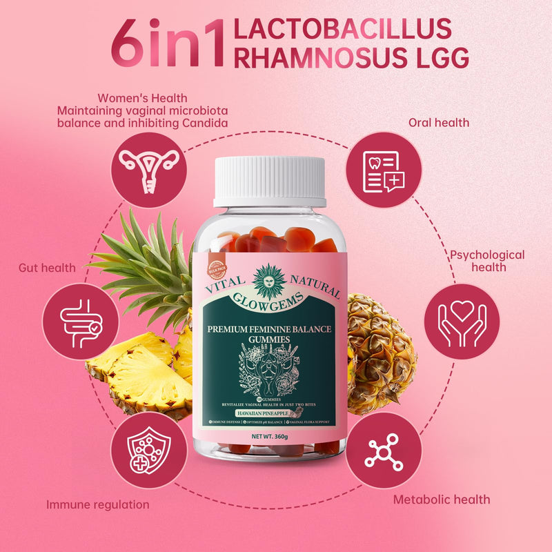 Vital Natural Feminine Balance Gummies, pH Balance & Immune Support, Hawaiian Pineapple Flavor, 120 Count (60 Servings), Vegan Probiotic Supplement for Women’s Intimate Health 1 Count (Pack of 120)