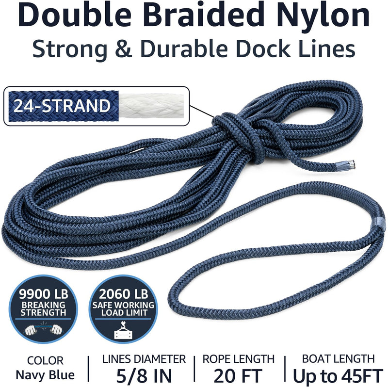 Double Braid 5/8" x 20' Boat Dock Lines (4-Pack) – Nylon Boat Ropes for Docking with 15" Spliced Eye – Heavy Duty Marine Rope – Soft & Durable Boat Lines for Pontoon and Light Boat (Navy Blue) 5/8" x 20' (Pack of 4)