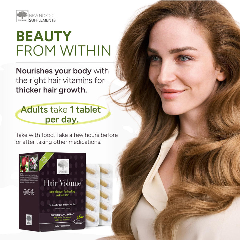 NEW NORDIC Hair Volume Daily Biotin Support Supplement | 90 Tablets | Daily hair supplement tablets made with biotin and Annurka apple extract for simple incorporation into your daily routine 90 Count (Pack of 1)