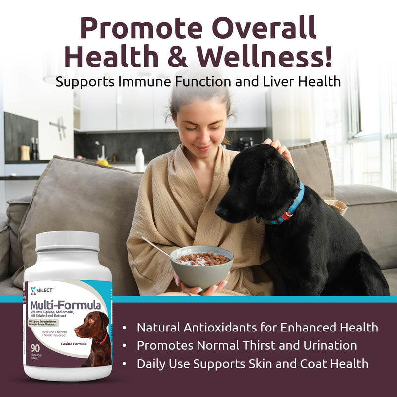 K9 Select Multi-Formula Dog Vitamins for Large Dogs - 30mg HMR Lignans, 3mg Melatonin, 60mg Milk Thistle - Helps Heart, Liver, Digestion, Skin & Coat Health, Dog Multivitamin, 90 Tablets, Beef Flavor 30mg Beef Flavored