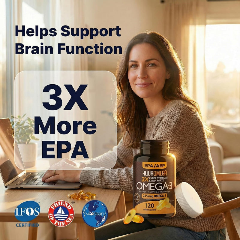 AQUAOMEGA 3X Extra Strength Omega-3 Fish Oil for Heart, Brain & Immune Support, 1636mg EPA, 544mg DHA + Vitamin D3, Full Natural Triglyceride Form, Wild Caught, IFOS 5-Star Certified (120 Softgels) 120 Count (Pack of 1)