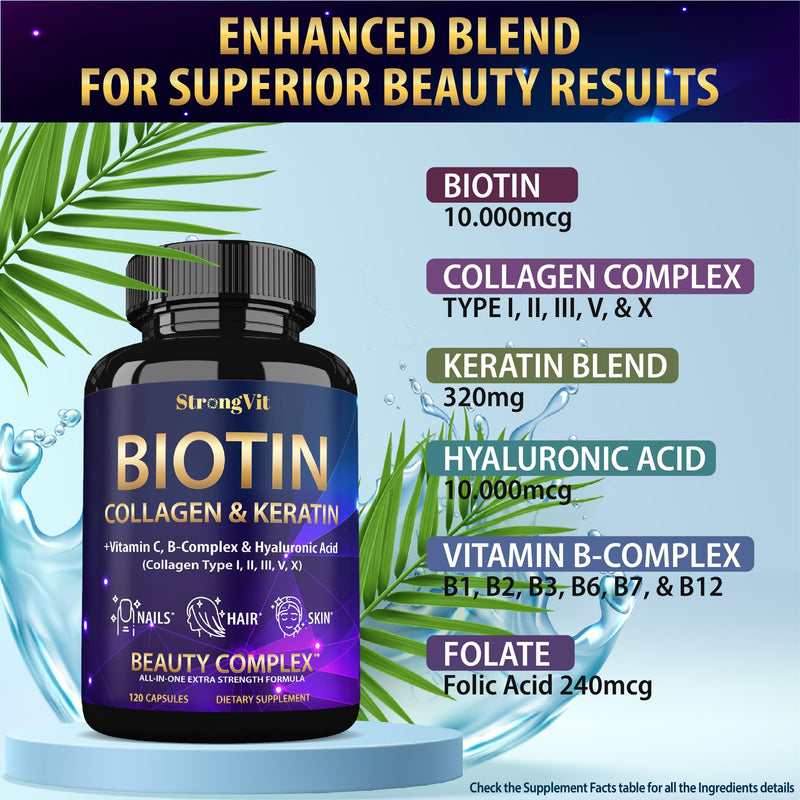 StrongVit Biotin with Hyaluronic Acid, Keratin and Collagen Supplements - 10000mcg for Hair Growth Women and Men - Hair Skin and Nails Vitamins - 120 Capsules 120 Count (Pack of 1)