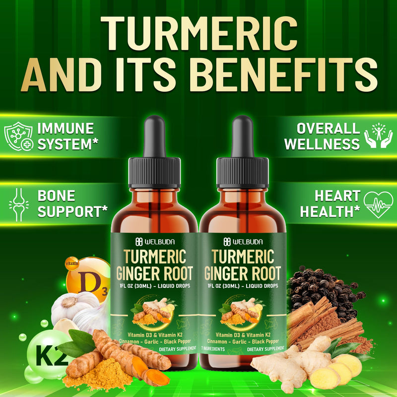 7in1 Liquid Turmeric Curcumin with Vitamin D3, Vitamin K2, Ginger, Ceylon Cinnamon, Garlic, Black Pepper - Drops Extract - 2 Packs of 30ml - 2 Month Supply