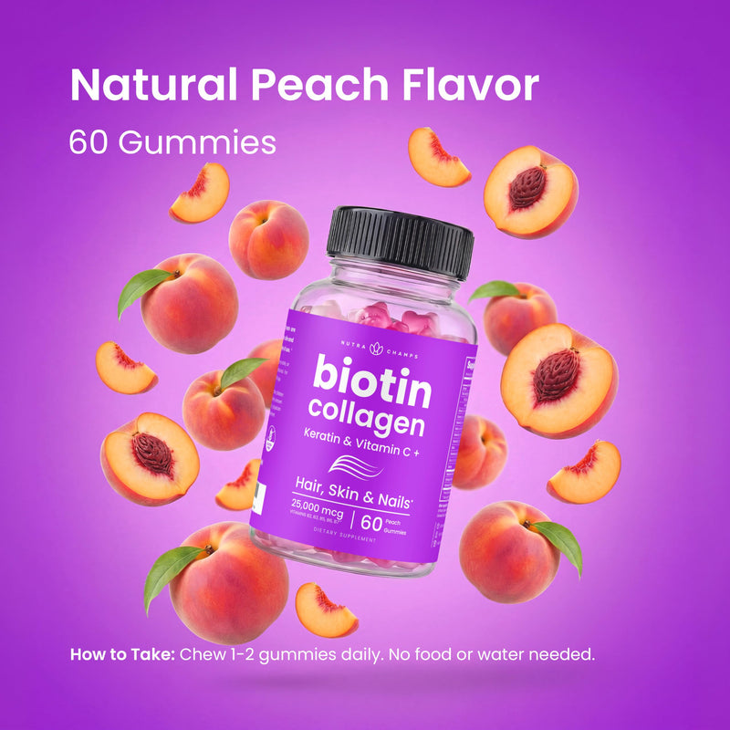NutraChamps Biotin Gummies 10,000mcg with Collagen, Keratin & More – Hair Skin and Nails Vitamins for Women & Men – Support Normal Hair Growth Cycle - Enhanced with Vitamin C, D3, Zinc (Pack of 2)