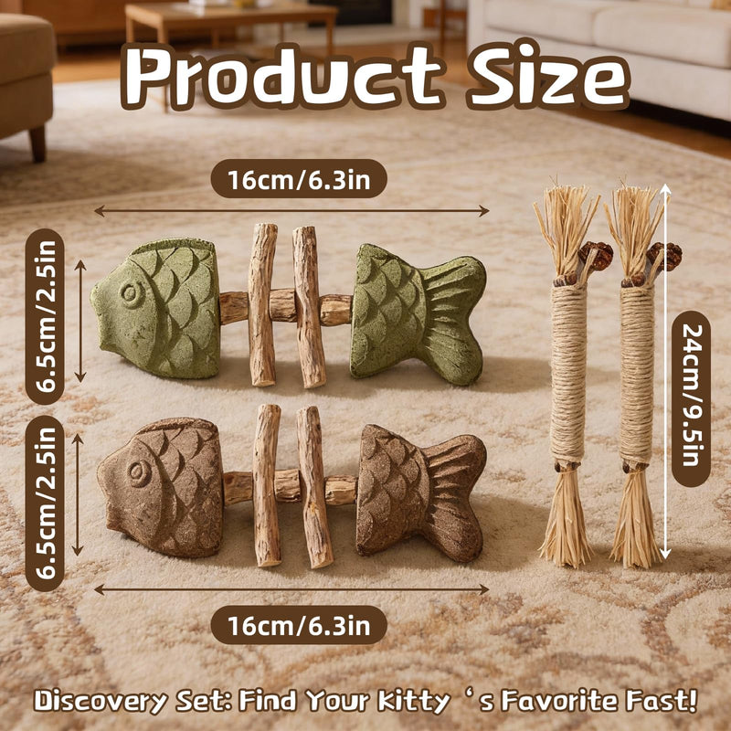 Catnip and Silvervine Cat Chew Sticks for Dental Health - Natural Wood Teething Toys with 2 Fish Bone & 2 Silvervine Flavors, Durable Interactive Chews for Indoor Cats and Kittens Teeth Cleaning