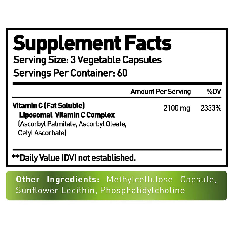 Liposomal Vitamin C 2100mg- 180 Capsules High Absorption Ascorbic Acid - Supports Immune System and Collagen Booster - Powerful Antioxidant High Dose Fat Soluble Supplement