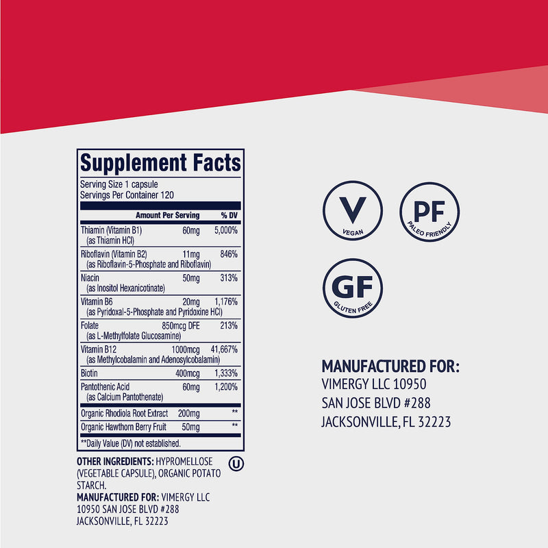 Vimergy Adapto B Complex, 120 Servings – High Potency with 8 B Vitamins, Rhodiola & Hawthorn Berry – Supports Mental Energy, Cognition, Mood - Non-GMO, Kosher, Vegan, No Gluten, No Soy | Supports Mental and Physical Energy*, Brain Body Adaptogen & Noot...