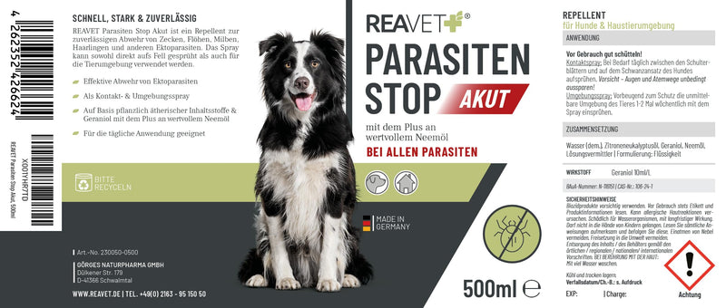 ReaVET parasite spray insect spray XL AKUT - against ALL parasites for dogs and animal environments 500ml I defense against ticks, fleas, mites I vermin spray, tick spray, flea spray, mite spray