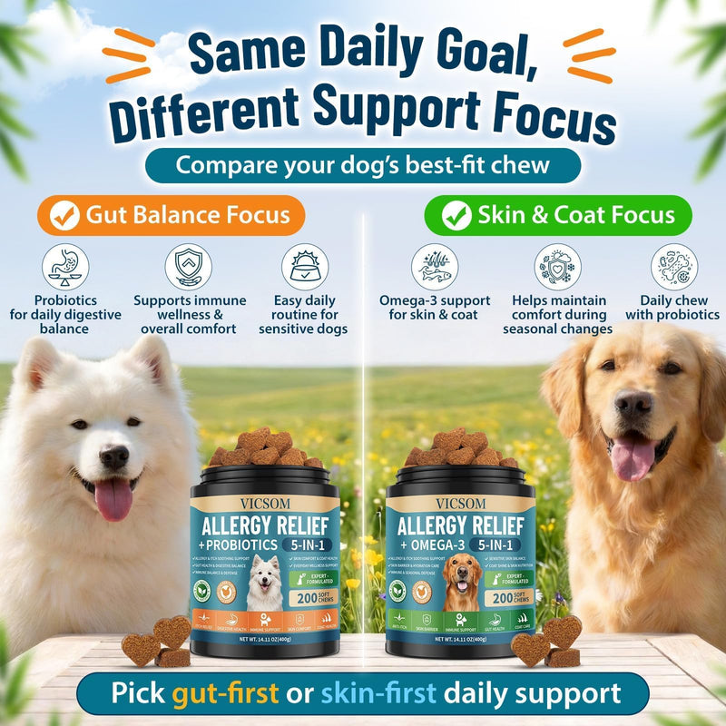 Dog Allergy Chews with Probiotics for Dogs, 200 Dog Allergy Relief Treats for Dogs Immune Support & Itching Skin Relief, Ears, Eyes, Paws Support, Dog Probiotics for Gut Health, Chicken Flavor