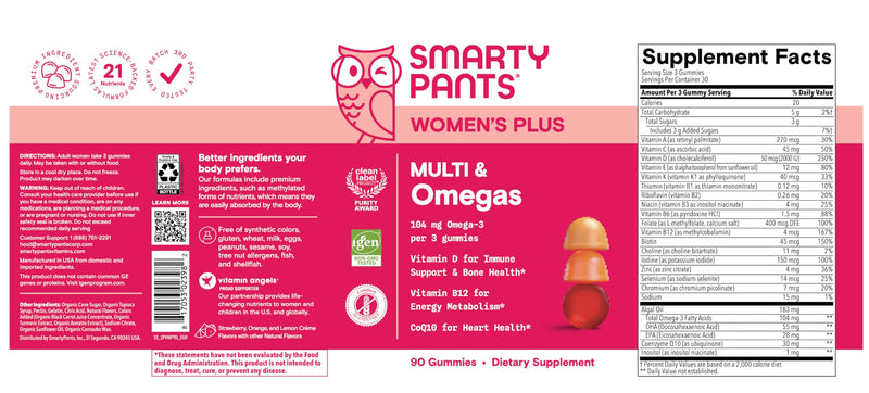 SmartyPants Women's Multivitamin Gummies - Improved Formula: Omega 3 (DHA/EPA), Methylfolate, CoQ10, Vitamin D3, C, Vitamin B12, B6, A, K & Zinc, Inositol, Gluten Free, 90 Count (30 Day Supply) New Formula 90 Count (Pack of 1)