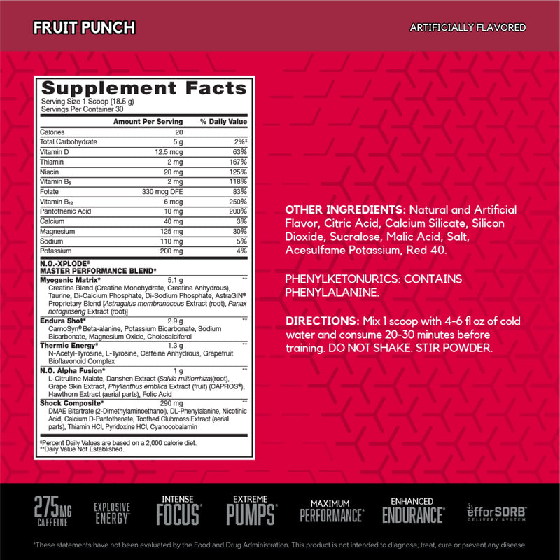 BSN N.O.-XPLODE Pre Workout Powder, Energy Supplement for Men and Women with Creatine and Beta-Alanine, Flavor: Fruit Punch, 30 Servings 30 Servings (Pack of 1)