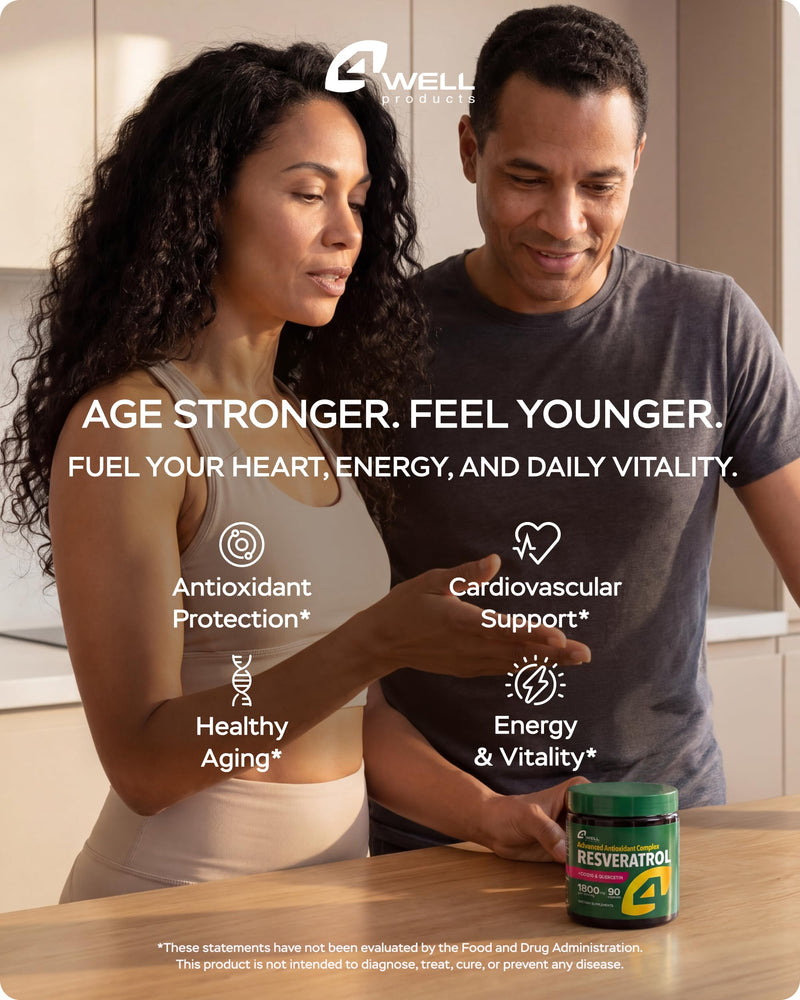 Resveratrol Supplement 1800mg Complex - COQ10, Quercetin, Vitamin E, Calcium Ascorbate - Powerful Antioxidant Formula for Enhanced Energy Heart Health & Healthy-Aging Support Trans Resveratrol 90 Caps 90 Count (Pack of 1)