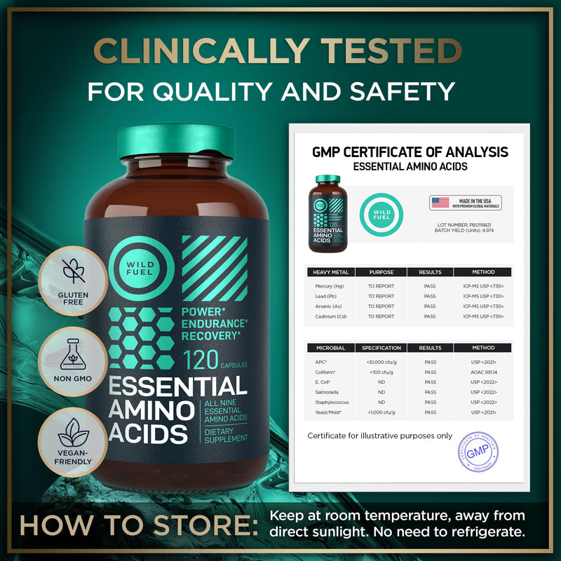 Essential Amino Acids Supplement - All 9 EAAs with BCAAs Amino Acids (Leucine, Lysine, Valine, Threonine) - 3,000mg Per Serving - Muscle Growth, Power, Recovery - 120 Vegan, Caffeine Free Capsules 1 pack - 120 servings
