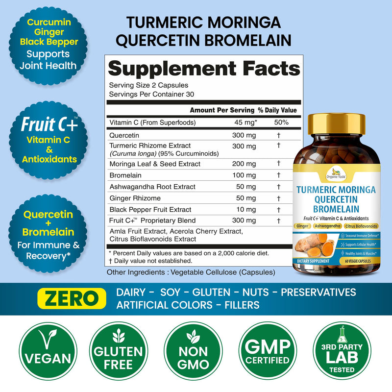 Organic Veda Quercetin with Bromelain Supplement Turmeric Moringa Powerful Antioxidants for Immune Support, Natural Respiratory Health - Super Fruits Vitamin C with Citrus Bioflavonoids - 60 Capsules
