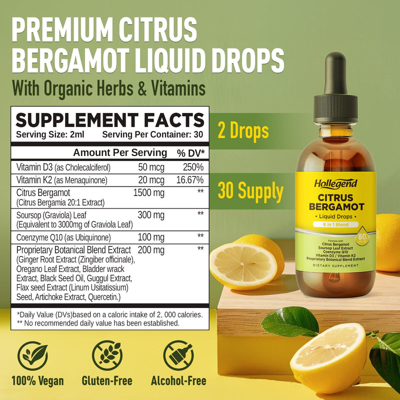 Citrus Bergamot Liquid Drops, Bergamot Extract 1000mg Supplement | Plus CoQ10, Soursop, Vitamin D3, K2 & Herbal Blend, Overall Health Support, Vegan, Lemon Flavor, 4 Fl OZ