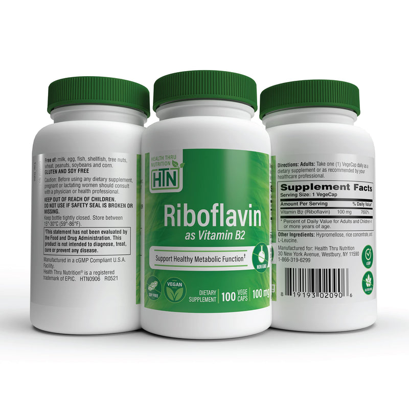Health Thru Nutrition Riboflavin 100mg Vitamin B2 100 Vegecaps | Riboflavin Supplement | Supports Healthy Energy Metabolic Function & Nervous System, 3rd Party Tested, Non-GMO Hypoallergenic