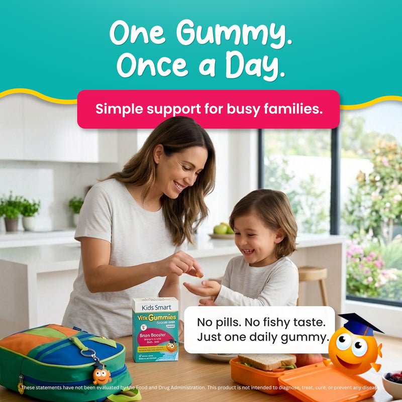 KIDS SMART Brain Booster Omega-3 DHA EPA Gummies, Focus & Memory, Kids 2+ | Omega-3 DHA + EPA Fish Oil Gummies, 27 Count, Sugar-Free, Gluten-Free, Non-GMO, Supports Focus, Memory, Learning & Behavior
