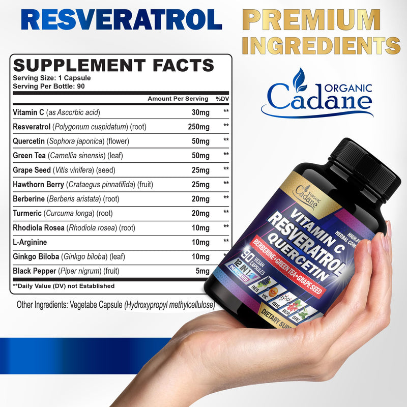 Organic Cadane Resveratrol Supplement - 12in1 Blended with VIT.C, Quercetin, Berberine, Turmeric, Green Tea & More - 90 Capsules 3 Month