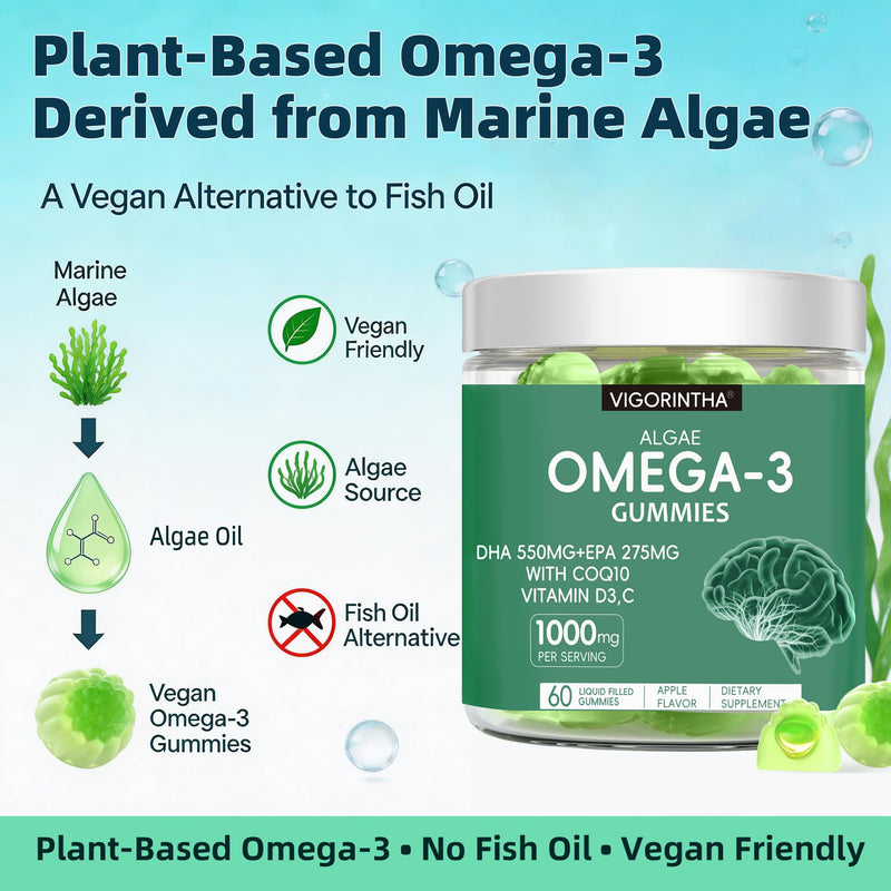 Vegan Omega-3 Algae Oil Supplement with DHA 300mg & EPA 150mg, Plant-Based Omega-3 with Vitamin D3 & K2, Fish-Free Algal Oil Softgels for Men & Women, 2 Pack, 120 Softgels, 60 Day Supply 60 Count (Pack of 2)