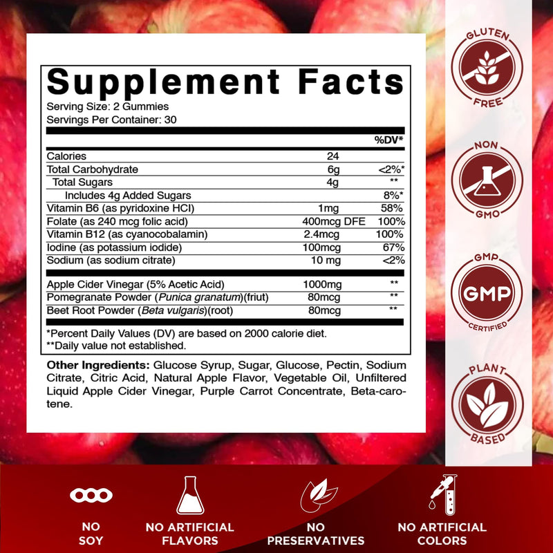 Vitamatic Apple Cider Vinegar Gummies 1000 mg Per Serving, 60 Vegan Gummies | Pectin Based, Support Weight Loss*, Energy Boost*, Digestion & Gut health*, Gluten Free, Non GMO 60 Count (Pack of 1)