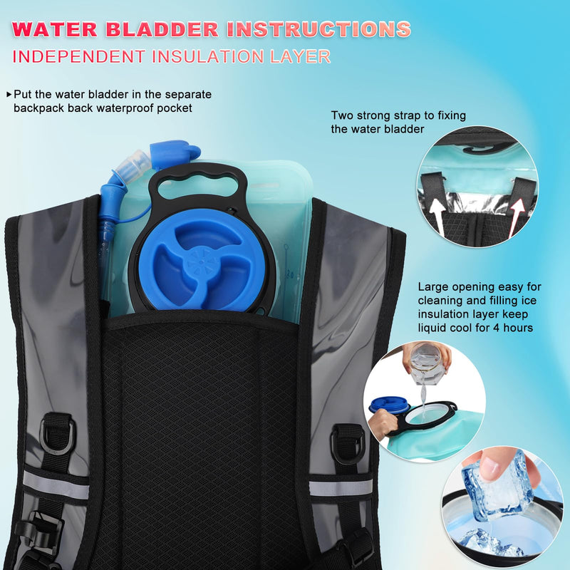 Hydration Backpack,Water Backpack with 2L Water Bladder,Festival Essential-Rave Hydration Pack,Lightweight Insulation Hydropack for Outdoor,Hiking,Running,Biking,Music Festival for Men Women Clear
