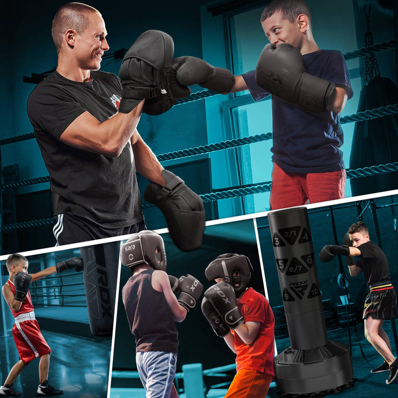 RDX Kids Boxing Gloves Sparring and Muay Thai Maya Hide Leather, Kara Patent Pending Junior Training Mitt for Kickboxing, Punching Bag, Focus Pads, MMA, Thai Pad, Double End Ball Punching Gloves BLACK 6OZ