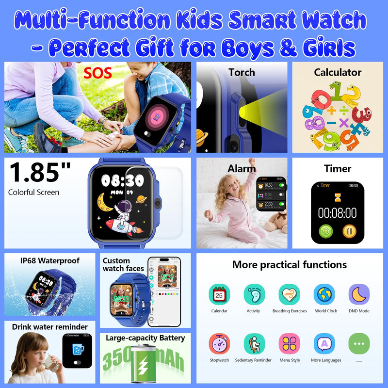 Kids Watch, 1.85" Fitness Tracker Pedometer, Heart Rate, Sleep Monitor, NO APP/Phone, Alarm Clock, Smartwatches with Video Music, IP68 Waterproof, Puzzle Games, Gift for Boy Girl, Smart Watch for Kid Dark Blue 1.85" - BeesActive Australia