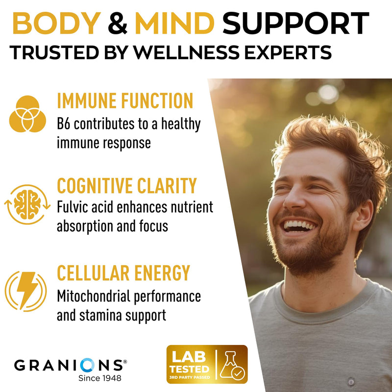 Granions Pure Shilajit for Men Capsules - Fulvic Acid Supplement, 1,000mg Himalayan Shilajit with Vitamin B6 - Ultra Energy, Vitality & Brain Support for Men and Women Supplements - 60 Capsules Shilajit (60 capsules)