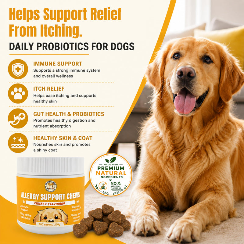 Meadows & Mutts Dog Allergy Relief Chews – Immune Support Dogs Probiotics Soft Chews - Anti Itch & Seasonal Allergy Relief - Probiotics Supplement Support Gut Health, Yeast, Skin & Coat - 100 ct