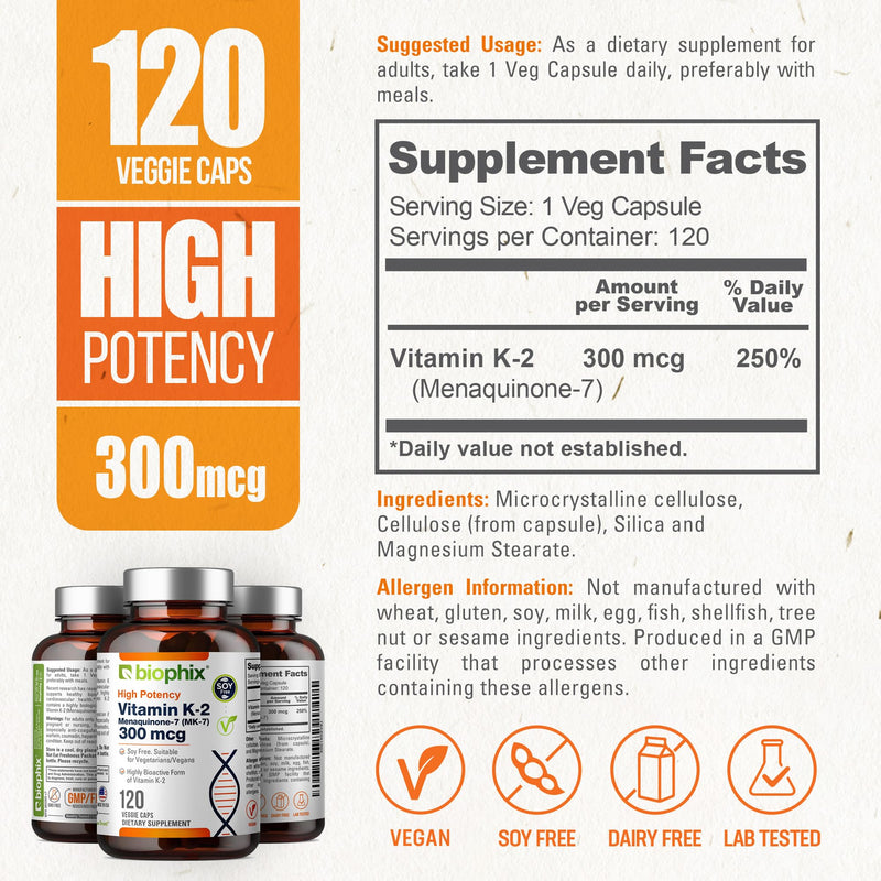 biophix Vitamin K2 MK-7 300mcg, 120 Vegan Capsules – High-Potency Supplement for Bone Strength and Immune Health 120 Count (Pack of 1)