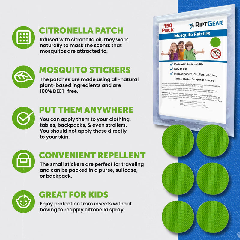 RiptGear Mosquito Patches - 150 Pack of Mosquito Stickers for Kids and Adults, Natural Mosquito Sticker, Citronella Patch Sticks to Any Surface - DEET Free - BeesActive Australia