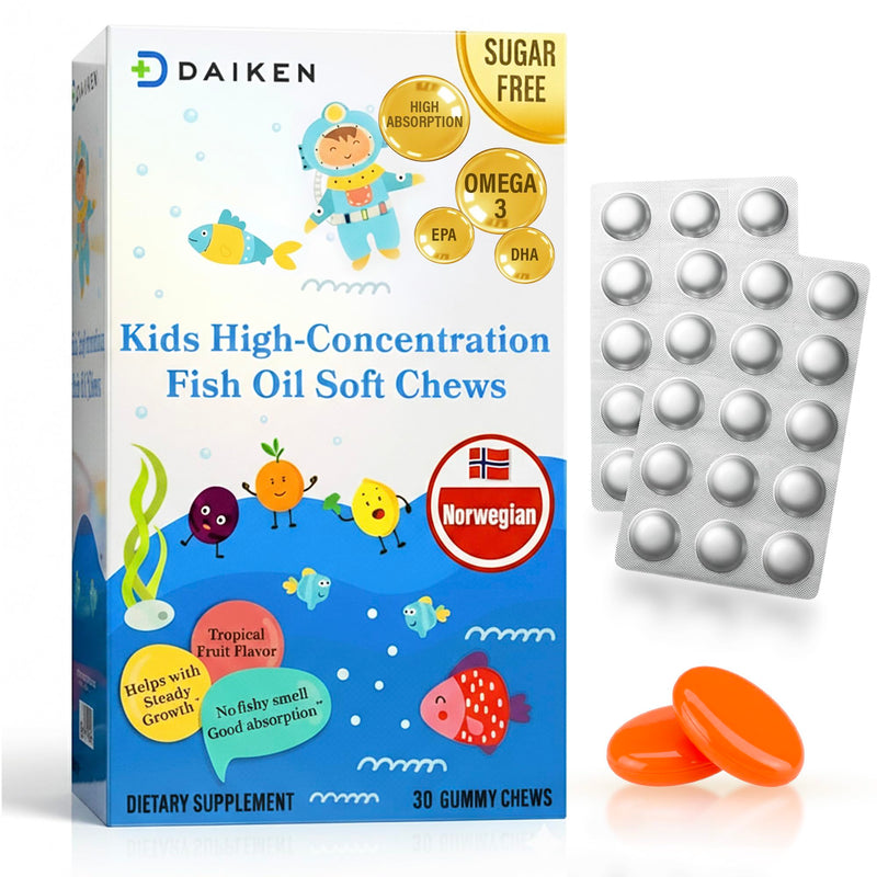 DAIKEN Kids Fish Oil Gummies-Sugar Free Omega 3 for Kids DHA/EPA & D3, 30ct | High Potency 300mg Norwegian Omega-3 for Kids‘ Brain Development & Immune Support, Individually Wrapped, Tropical Fruit 30 Count (Pack of 1)