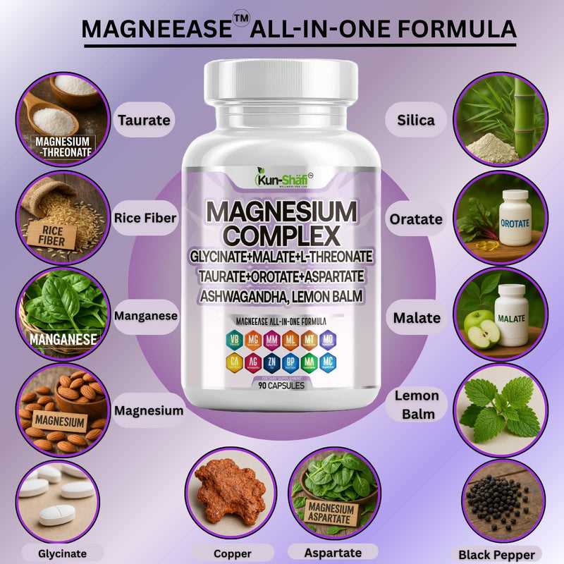 Magnesium Complex with Magnesium Glycinate Malate, L-Threonate, Taurate, Orotate, Zinc,Aspartate, Copper Manganese & Vitamin D3 B6 Complex - 1Pack