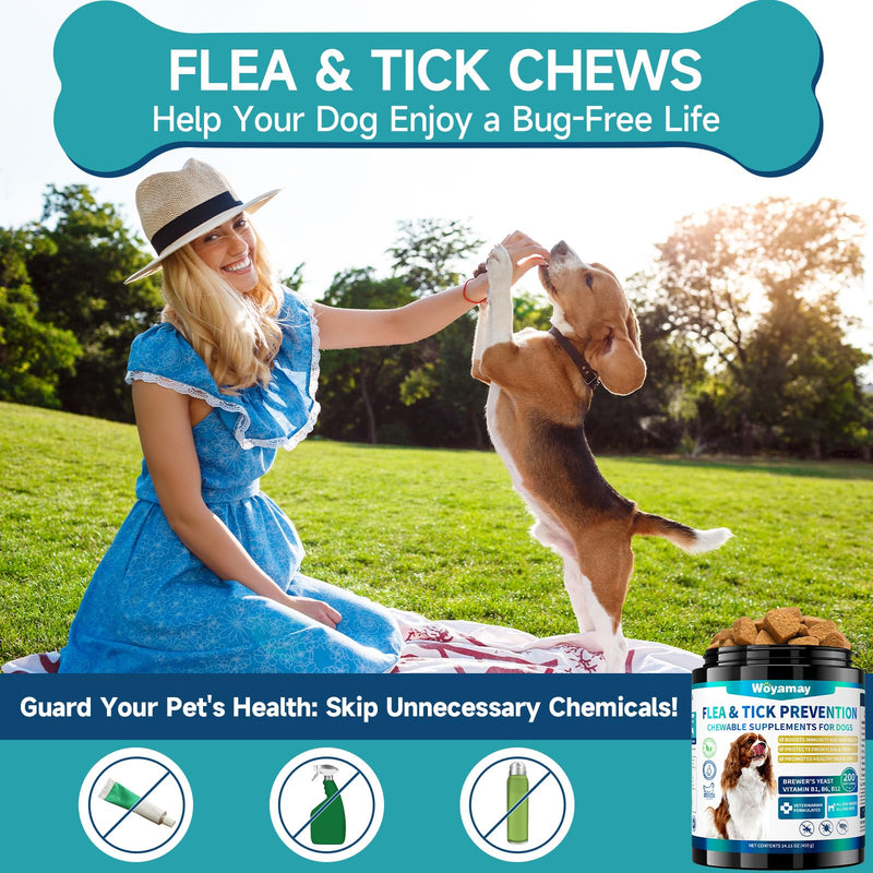 Woyamay Flea and Tick Prevention for Dogs Chewables, 200 Soft Treats, Natural Dog Flea and Tick Treatment, Oral Flea Chews for Dogs Supplement, Flea and Tick Chews for Dogs Puppies, All Breeds & Sizes