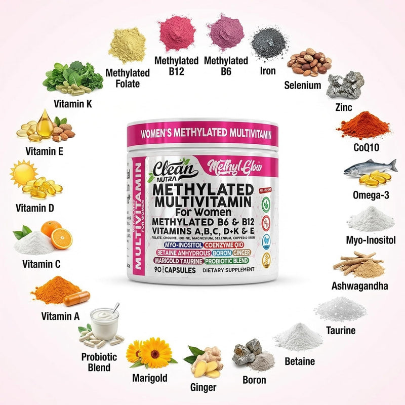 Methylated Multivitamin for Women Vitamins B6 Methyl B12 A B C D K E Folate Choline Omega 3 Thiamine Riboflavin Iron Iodine Magnesium Zinc Selenium Copper Calcium 90 Capsules by Clean Nutra