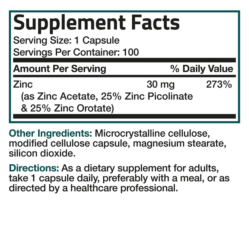 Bronson Zinc Triple Play 30 mg Triple Coverage Immune Support Zinc Supplement with Zinc Acetate, Picolinate & Orotate - Immune, Antioxidant & Skin Health Support - 100 Vegetarian Capsules 100 Count (Pack of 1) - BeesActive Australia