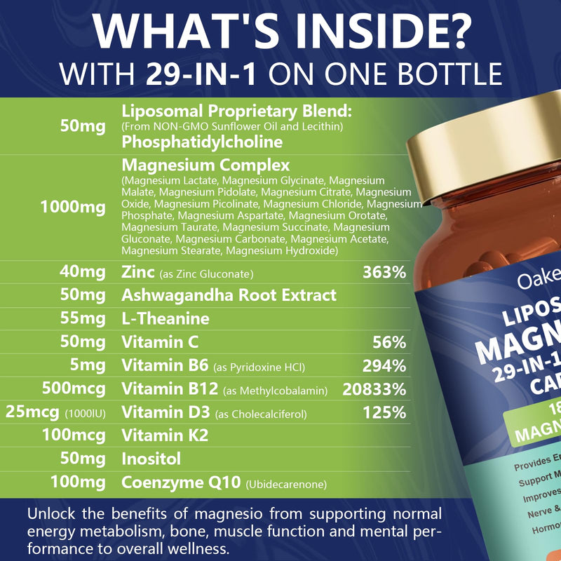 29-in-1 Liposomal 18 Active Types Magnesium Complex 1400MG Capsule,Citrate Glycinate Malate etc,Mild & Efficient,Extra Vitamin B6 B12 D3K2 & CoQ10, Relaxation Nerve* & Hert* Support 18 Types Magnesium Unflavored 120 Count (Pack of 1)