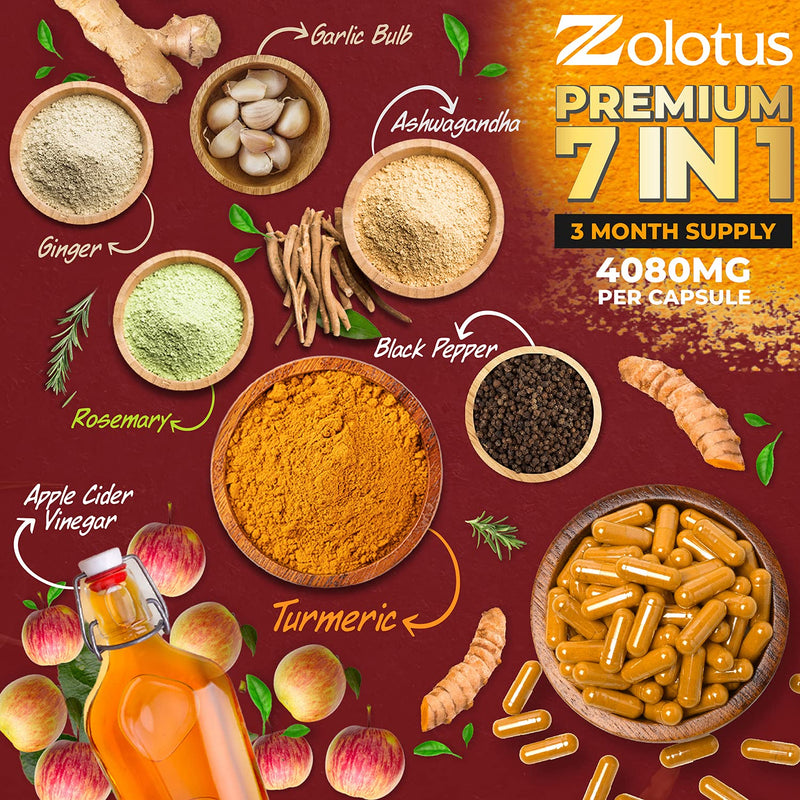 7 in 1 Turmeric Curcumin + Apple Cider Vinegar Capsules, Equivalent to 4080mg, 3 Month Supply with Ashwagandha, Ginger, Garlic Bulb, 95% Standardized Curcuminoids, Joint & Absorption Support - BeesActive Australia