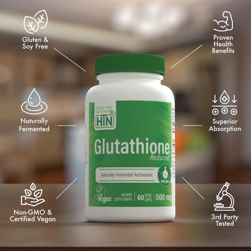 Health Thru Nutrition Glutathione Reduced GSH 500mg 60 Capsules/Servings | Healthy Skin Glow and Brightening, Whitening, Cellular Aging Support, Master Antioxidant, Certified Vegan, Fermented, NonGMO 60 Count (Pack of 1)