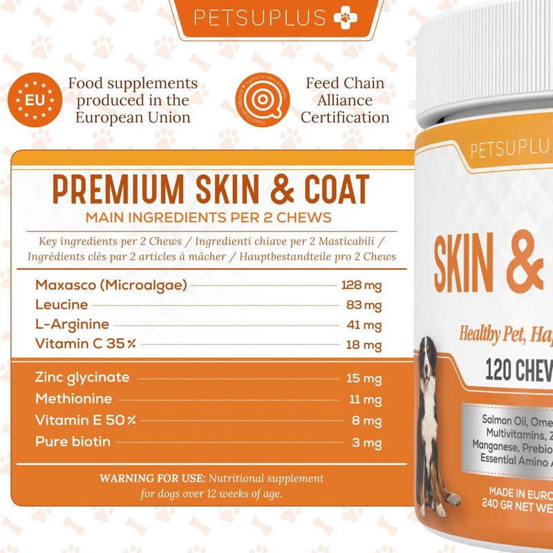 Skin & Coat. Dog Supplements & Vitamins with Salmon Oil for Dogs UK. Prevents and Improves Symptoms such as Itching, Dry Skin, Irritation, Hair Loss, and Irritability. 120 soft chews