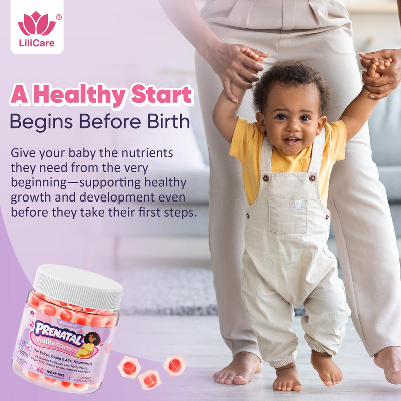Prenatal Vitamins for Women, Prenatal Multivitamin Gummies + Methylfolate, Iron, Omega-3, Choline, Ginger, Probiotic, Vitamin A C D3 B6 B12 for Before, During & After Pregnancy, NO Sugar, Vegan, 60Cts
