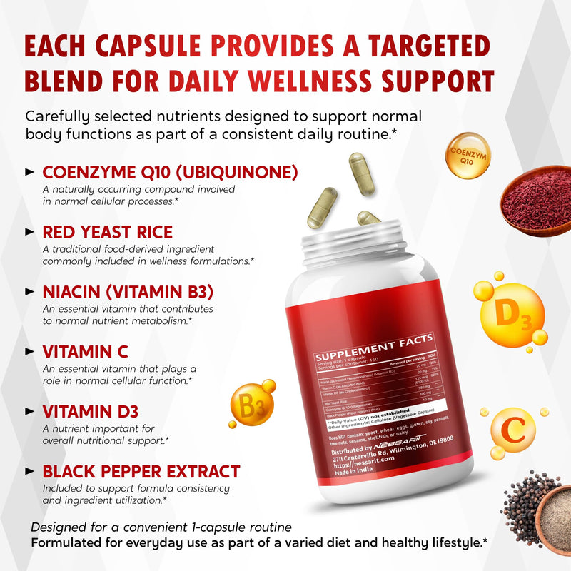 COQ10 + Red Yeast Rice Supplement - 10-in-1 Natural Blend with Omega 3 Vitamin B3, K2, D3, Zinc Milk Thistle Black Pepper - 150 Count 150 count (pack of 1)