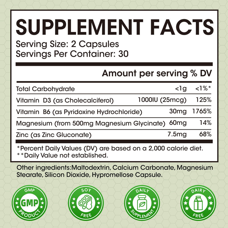 Magnesium Glycinate Capsules, Magnesium Glycinate Supplement with Zinc, Vitamin D3 & B6 - Promotes Nerve, Bowel, Relaxation Function - 60 Vegan Capsules 60 Count (Pack of 1)