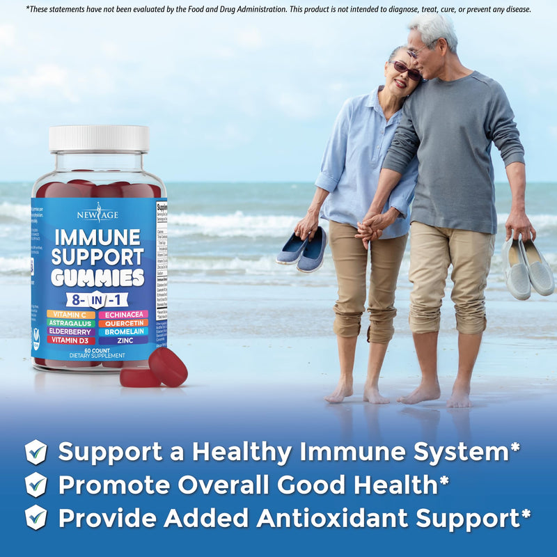 NEW AGE 8 in 1 Immune Support Booster Supplement with Elderberry, Vitamin C and Zinc 50mg, Vitamin D 5000 IU, Quercetin & Bromelain (8 in 1 Gummies (Pack of 1)) 60 Gummies (Pack of 1)