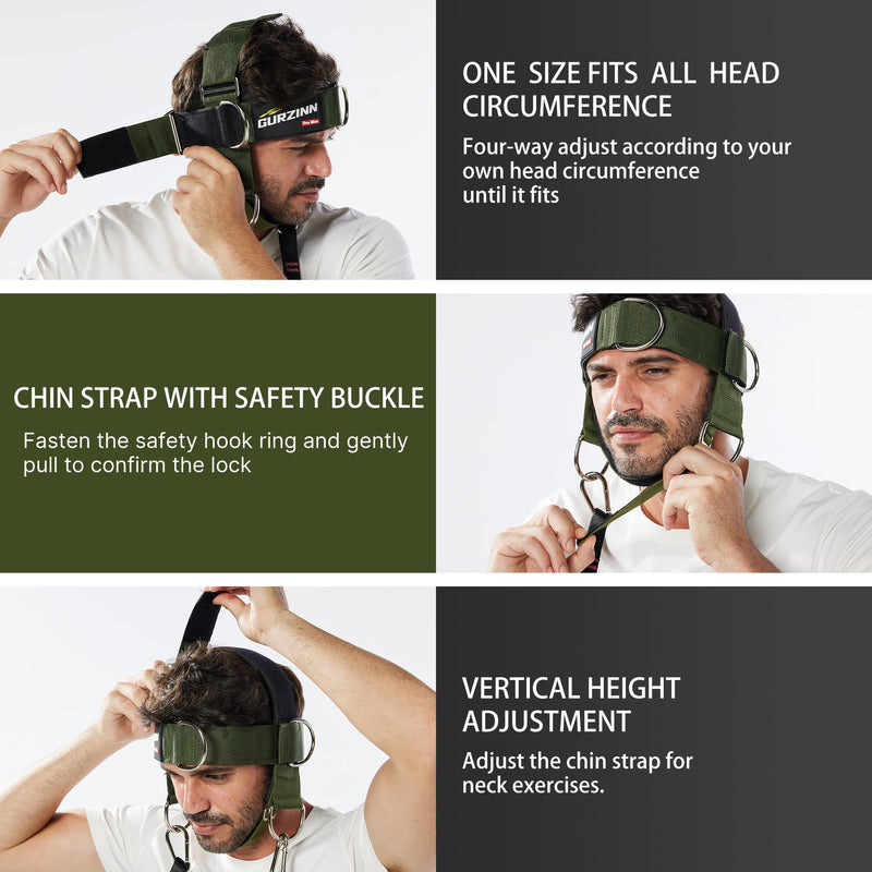 【GurZinn】 Neck Harness Trainer - Adjustable 40" (100cm) Heavy Duty Rope & Neoprene Padding | Improve Neck Strength & Reduce Neck Pain | Gym & Home Use one size Green