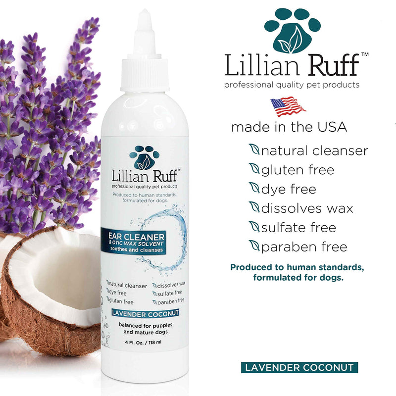 Lillian Ruff Ear Cleaner & Otic Wax Solvent for Dogs with Tea Tree Oil, Bee Propolis & Aloe - Coconut and Lavender Scent - Dissolve Wax and Combat Ear Odors - Safe for Sensitive Ears (4oz) 4oz - PawsPlanet Australia